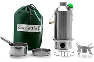 Kelly Kettle Base Camp Stainless Steel Basic Kit 54 oz.(1.6 LTR) Large Stainless Steel Camp Kettle, Lightweight Camping Kettle with Whistle, Camp Stove for Fishing, Hunting, Hiking, Survival Gear