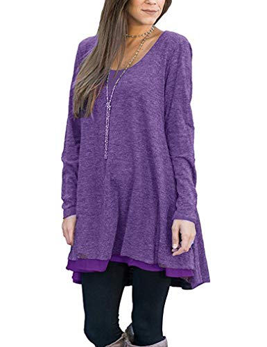 Poetsky Women's Long Sleeve Solid Color Tunic Tops Layered Chiffon Hem Casual Loose Blouse Shirts