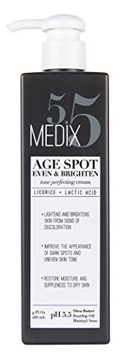 Medix 5.5 Age Spot Cream for body and face. Even & Brighten Tone Perfecting Cream with Shea Butter, Rosehip oil and Matrixyl 3000. Large 9oz bottle with pump.