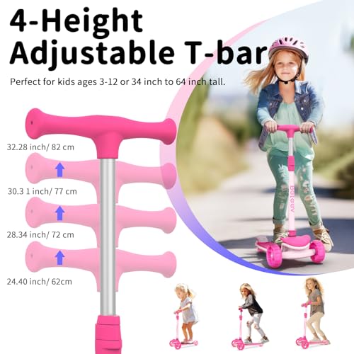 BELEEV A8 Children’s Scooter, 3 to 12 Years Old, Kids’ Folding Scooter with 3 Wheels and LED Lights, 4 Adjustable Heights, Non-Slip Bridge, Scooter for Children and Girls, Childhood Gift