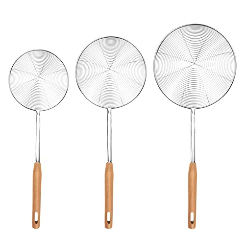Suuwwn Edelstahl Kochen Skimmer, Satz 3 Skimmer Löffel 5.5 6.3 7 Zoll Spinne Sieb Skimmer Kochutensilien Sieb mit Holzgriff Spinne Web Pfanne Draht Skimmer Schlitz Löffel