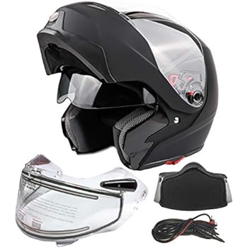 Typhoon G339 Dual Visor Modular Full Face Snowmobile Helmet With Heated Shield, Breath Box (Matte Black, Medium)