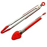 Premium Kitchen Tongs For Cooking Or Grilling: Silicone Stainless Steel Locking Tongs (Strawberry Red) 12-Inch Mama Gubbins