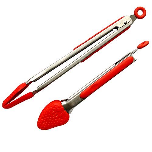 Premium Kitchen Tongs For Cooking Or Grilling: Silicone Stainless Steel Locking Tongs (Strawberry Red) 12-Inch Mama Gubbins