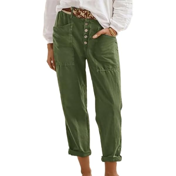 TIAFORD Women Cotton Linen Pant High Waist Button Up Wide Leg Long Pant Summer Loose Beach Lounge Capri Trousers With Pocket 4297900