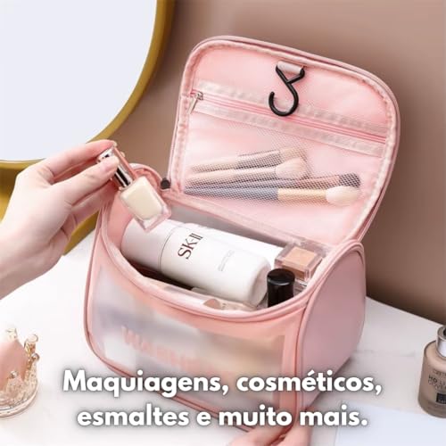 Necessaire Feminina Transparente Viagem Bolsa Ideal para Cosméticos Maquiagem Higiene Pessoal Fechamento com Zíper Fácil Acesso Design Moderno Funcional Impermeável (Rosa)