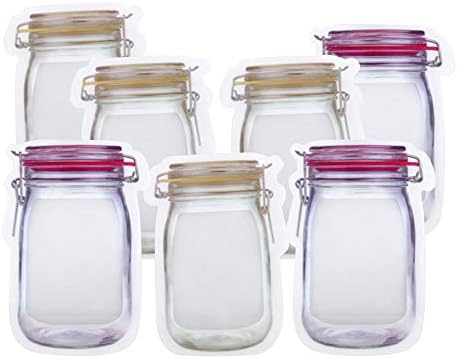 Ljwjialo Eco-Friendly Zip Food Storage Bags, Reusable Food Storage Snack Sandwich Bags, Mason Jar Shape, Leakproof Food Saver Bags for Travel Camping - 7 pcs Large