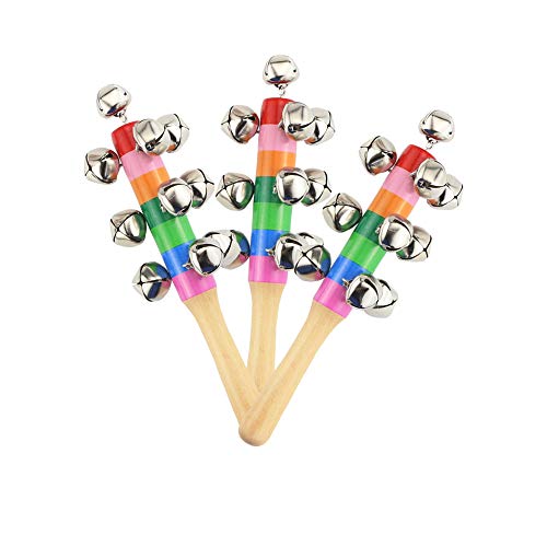 image for Oruuum 7PCS Bright Color Rainbow Handle Wooden Bells, Christmas Bell F