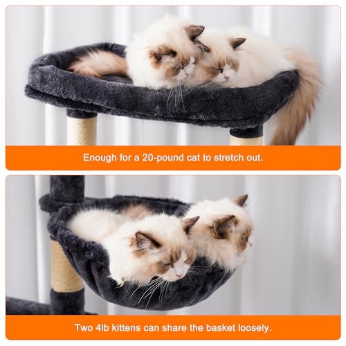 Heybly Cat Tree for Large Cats,68 inch Multi-Level Cat Tower for Indoor Cats,2 Widened Plush Perches Cat Condo with Scracthing Board and Big Caves,Smoky Gray HCT025G