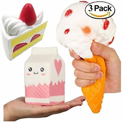 Rimateck Pack of 3 Fun Strawberry Cake Squishy Super Slow Rising- Squishy Jumbo Pink Milk Bottle Box Slow Rising Soft Collection Gift Decor Toy- Squishy Jumbo Ice Cream Cone Slow Rising