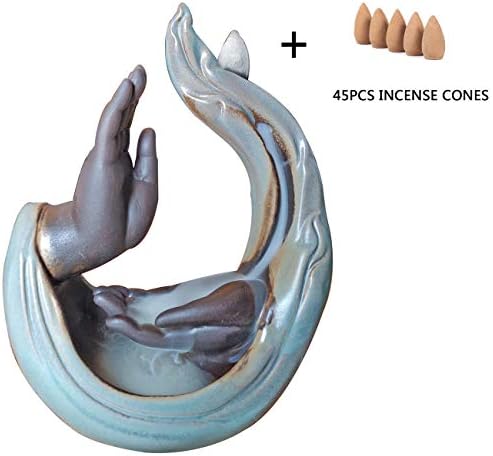 Erlesen Monk Hand Ceramic Incense Holder Smoke Backflow Incense Burner Tower Cones Censer Sticks Holder + 45pcs Incense Cones for Meditation and Mindfulness