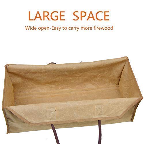 Waxed Canvas Firewood Log Carrier Horse Feeding Tote Wood Carrying Bag Woodpile Fireplace/Camp/Stove/Cabin Durable Heavy Duty Handle - Washed/Resistance soiling Outdoor Indoor(Large Wood Bag-Zipper)