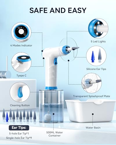 KAUGIC Electric Ear Wax Removal, Water Powered Cleaner, Cleaning Kit, Safe & Effective Earwax Removal Kit with 4 Mode Settings, 10 Tips Catch Basin, White