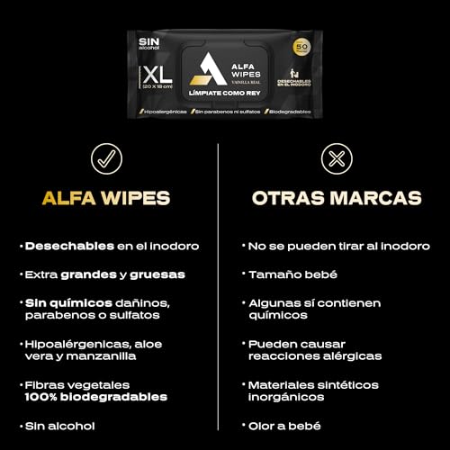 Alfa Wipes Toallitas Humedas para Adulto Extra Grandes y Gruesas, Desechables en Inodoro, Vainilla Real, Hipoalergénicas, con Aloe, Vitamina E, Manzanilla | 3 paquetes con 50 toallitas c/u (150 Toallitas)