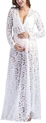 Yomoko Sexy Deep V-Neck Long Sleeve Lace Beach Dress See-through Maxi Dress (Small, White with Lace Floral)