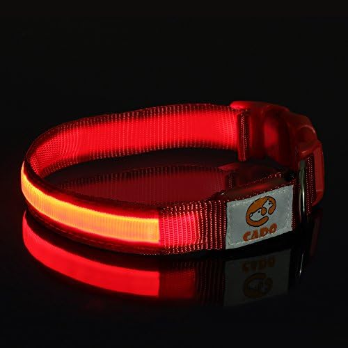 USB Rechargeable LED Dog Collar Cado Pet Night Safety Retractable Collar with 3 Size and 3 Colors (M,Red)