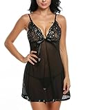 Kissgal Women Sexy Lingerie Lace Babydoll Mesh Chemise V Neck Teddy Nightwear
