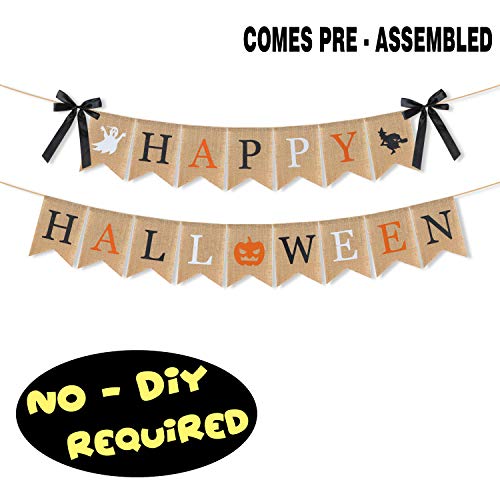 LINGPAR Highly Recommended Happy Halloween Burlap Banner - Multicolored Design Pumpkin Witch Halloween Party Decorations White Black Orange