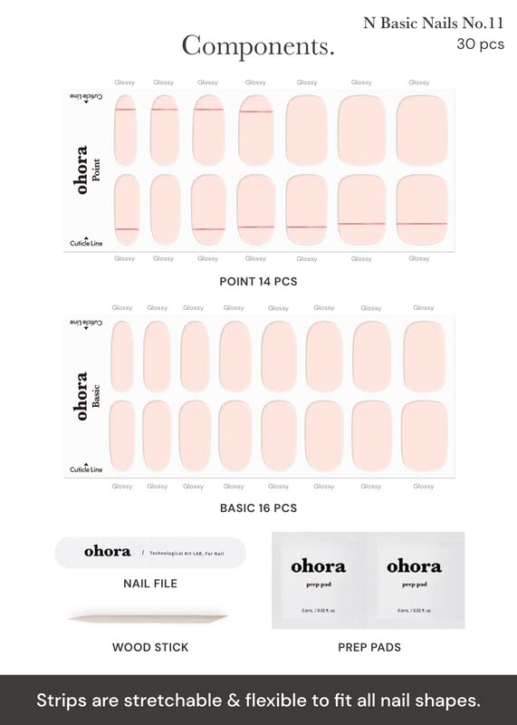 ohora Semi Cured Gel Nail Strips (N Basic Nails no.11) - Nude, Solid, Works with Any UV/LED Lamps, Salon-Quality, Long Lasting, Easy to Apply & Remove - Includes 2 Prep Pads, Nail File & Wooden Stick - Image 6