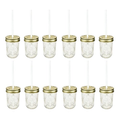 Click Here to See More Images Sunshine Mason Co. Glass Mason Jar Set with Daisy Flower Cut Lids and White Straws, Set of 12