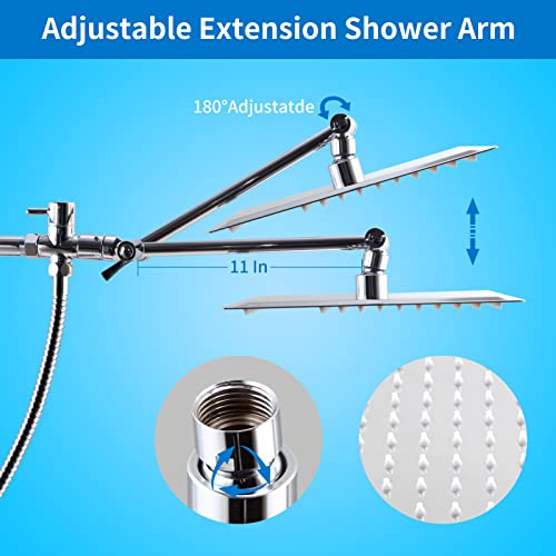 High Pressure Shower Heads Combo, 10\'\' Stainless Steel Anti Clog Shower Head and 10-Modes Chrome Finish Handheld Spray with Adhesive Holder & 60\'\' Hose, Adjustable Extension Arm & 3-Way Water Diverter
