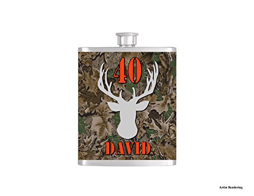 Over The Hill 40th Deer Camoflauge Hunter Orange Birthday Flask By Bottoms Up Flasks - Stainless Steel 8 oz Liquor Hip Flasks - Flask #296