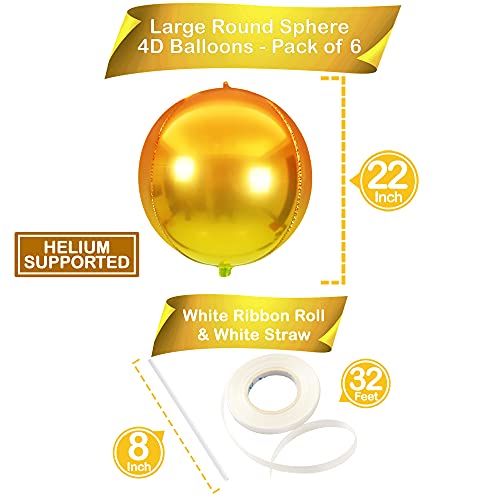 Big 22 Inch Metallic Gold Foil Balloons Pack of 6 Mirror Finish 4D