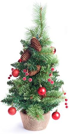 Best Artificial 2ft / 60cm Small Decorated Indoor Christmas Tree with 20 Warm White LED Battery Lights (Red)