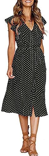 Nantersan Women's Summer Polka Dot High Waist Ruffle Flutter Sleeveless Button Up V Neck Swing Midi Dress