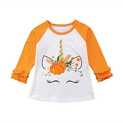 Toddler Baby Kids Girl Unicorn Pumpkin Print Long Sleeve Cotton T-Shirt Top (1 T, Orange)