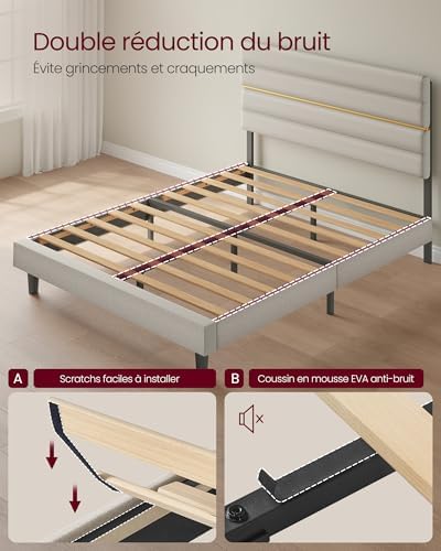Lit Double, Cadre de Lit, Convient pour Un Matelas de 160 x 200 cm, Tête de Lit Rembourrée Ajustable, en Métal, Bois Massif, Moderne, Beige Cappuccino RMB505LH01