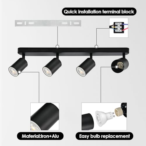KYOTECH Black Ceiling Light with 4 Bulbs 5W LED Ceiling Light Swivel and Swivel Included GU10 Bulb 3000K 420LM Ceiling Spotlights for Kitchen, Bedroom, Living Room