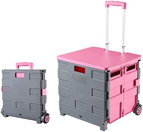 Foldable Cart Four Wheeled Portable Tools Carrier, Mobile Folding Cart with Lid, for Elderly, Picnic Tools Seat, Supermarket Grocery Shopping Boot Cart Box 16.5X15" (Color : Pink)