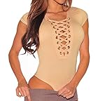 Shawhuwa Womens Sexy Lace Up Cap Sleeves Bodysuit Clubwear Tops L Apricot