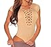Shawhuwa Womens Sexy Lace Up Cap Sleeves Bodysuit Clubwear Tops S Apricot