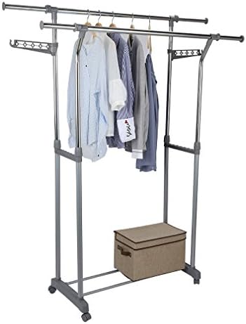 Sarkno Adjustable Double Rail Telescopic Rolling Clothing and Garment Rack, Grey & Chrome with Wheels