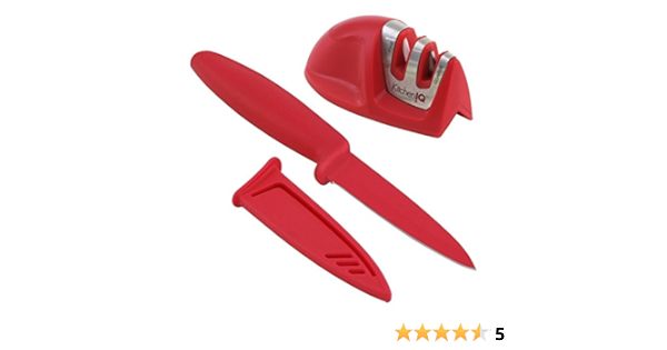 Amazon Com Kitchen Iq Edge Grip Quick Prep Red Knife Sharpener With Paring Knife And Protective Sheath Kitchen Dining
