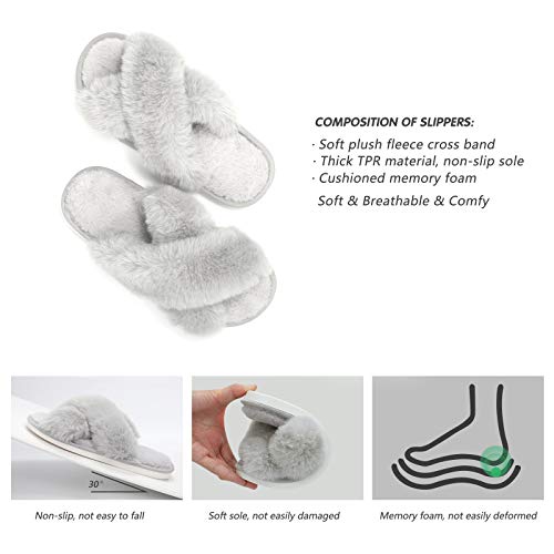 LEACOOLKEY Women Cross Band Slippers, Soft Plush Fleece Slippers, Furry Cozy Open Toe House Shoes, Indoor Outdoor Faux Rabbit Fur Comfy Slippers