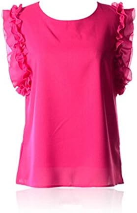 Jamemcabin Hot Chiffon Shirt Blouse Women Tank Top Lacing O-Neck Bow Sleeveless Lotus Leaf Rose Red L