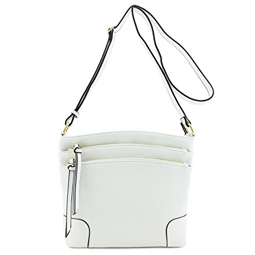 Triple Zipper Pocket Medium Crossbody Bag White