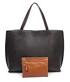 Overbrooke Reversible Tote Bag, Black & Tan - Large Vegan Leather Womens Shoulder Tote with Wristlet