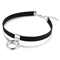 Rainbowie 1Pc Black Velvet, Silver Plated Alloy Ring Punk Style Choker Collar 29.5cm, 6cm