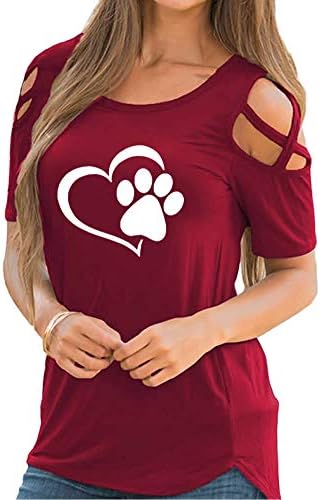Rfecccy Funny Cute Love Dog Paw Print Cotton Off Shoulder Bandage Short Sleeve T-Shirt for Women