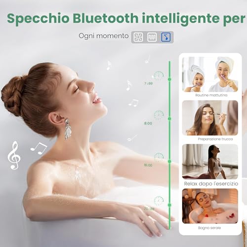 S'bagno Bluetooth-Mirror-Bathroom-with-Light-LED-100 x 70 cm, Mirror-Bathroom-LED-Anti-Fog, 3000K-6500K, Dimmable, Memory, Tempered Glass HD, IP44-Mirror-Backlit-Bathroom, Horizontal/Vertical
