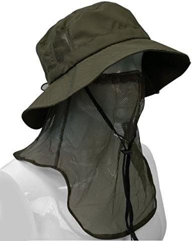 Headshots Patented Unisex Outdoor Hiking Hunting Boating Fishing Safari Bucket Cap Sun Shade Hat with Anti-Mosquito Facemask, Forest Green