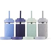Elk and Friends Kids + Toddler Glass Cups | The Original 12oz Glass Mason Jar with Sleeves + Lids | Silicone Straws + Stopper | Smoothie Cup | Food Storage | Sage/MistyBlue/Navy/Gray | 4 Pack