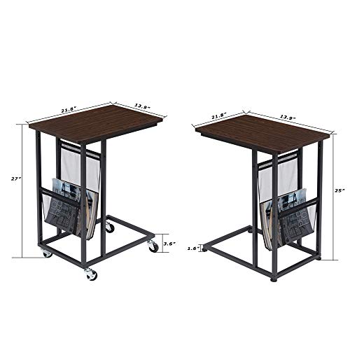 EKNITEY Sofa Side Table,Mobile C Shaped End Table Snack Table with Wheels and Side Pocket for Living Room,Laptop,Bedroom,Coffee,Couch and Small Spaces (Walnut)