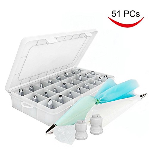 Cake Decorating Set,WERTIOO 51 Pieces Icing Piping Tips Set,Including 36 pcs Stainless Steel Piping Nozzles Tips with Storage Case, 2 Reusable Piping Bags,2 Couplers,10 Disposable Piping Bags