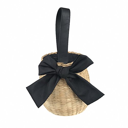 Amazon Round Straw Bag Black Bow Bowknot Round Barrel Basket