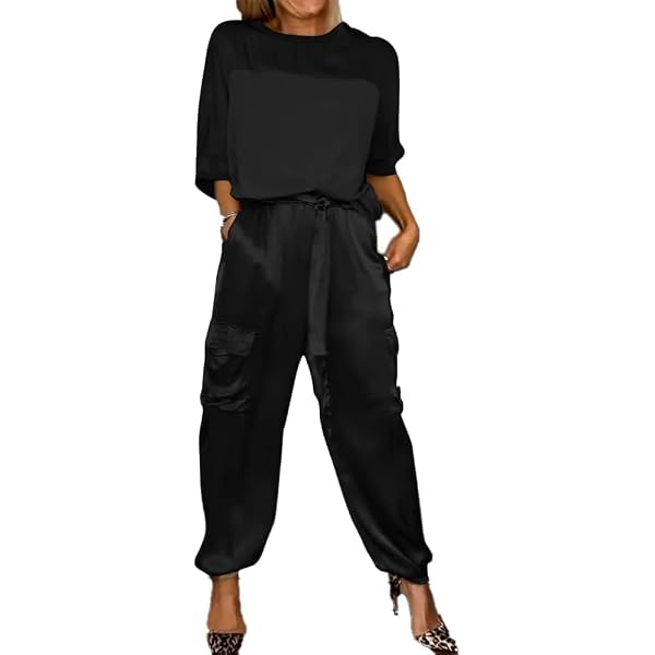 Women's Smooth Satin Lounge Set - Half-Sleeve Top & Pants, Casual 2-Piece Outfit